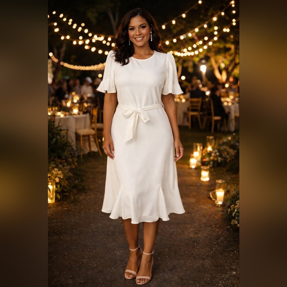 DKNY White A-line Midi Dress Flutter Godet Sleeve Flared Hem Size 10